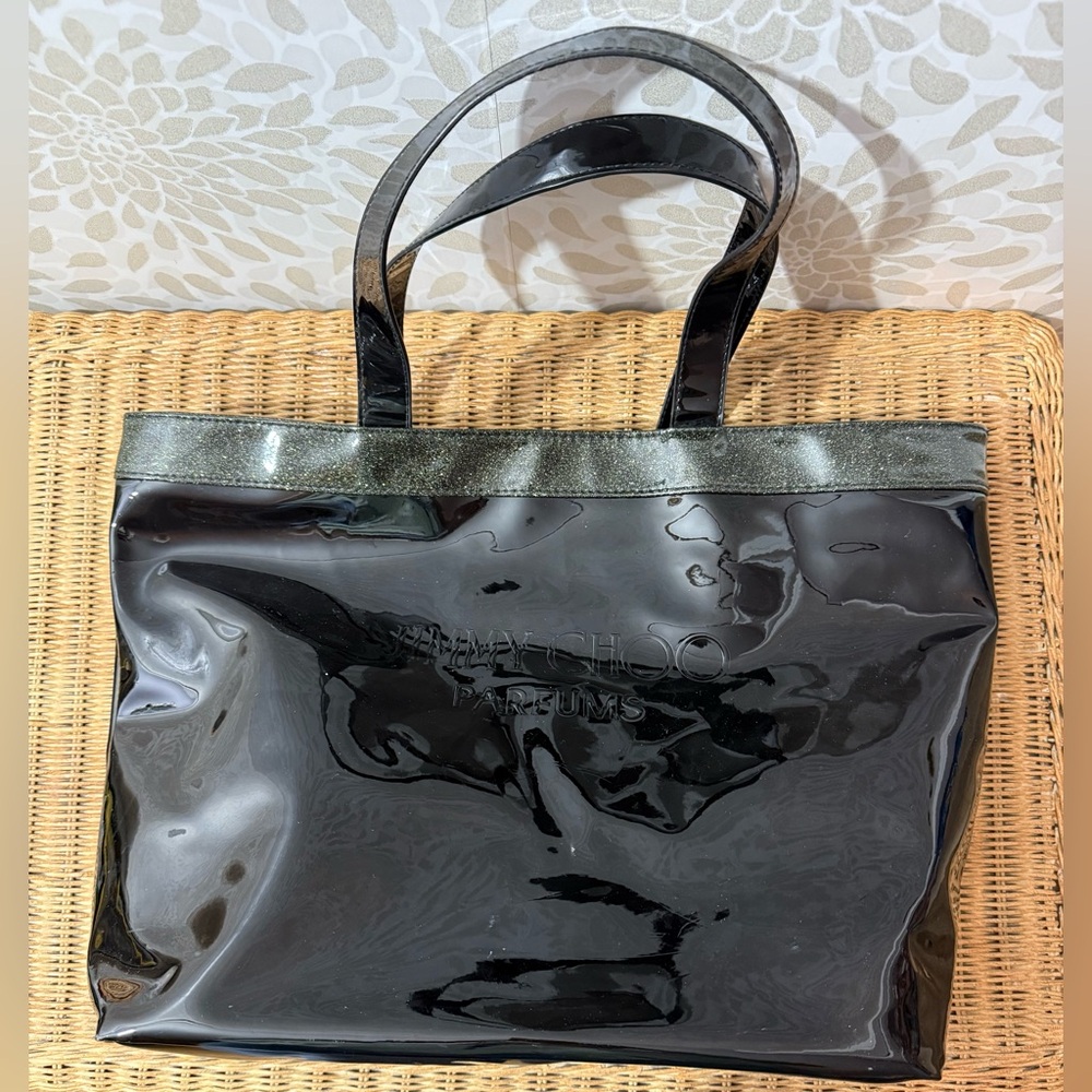 Jimmy Choo Parfums Black Shiny Glossy Patent Glitter Trimmed Tote Bag - Picture 5 of 12